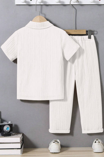 Boys White Cotton Blend Solid T-Shirt And Shirt With Trouser Set