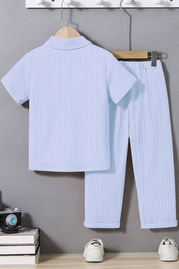 Boys Blue Cotton Blend Solid T-Shirt And Shirt With Trouser Set