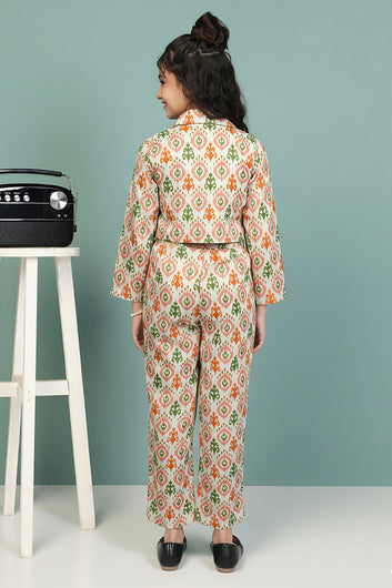 Girls Parrot Lycra Blend Printed Crop top, Jacket & Pant Set