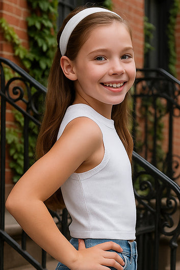 Girls White Rib Solid, Crew Neck Crop Top For Girls Causal Top