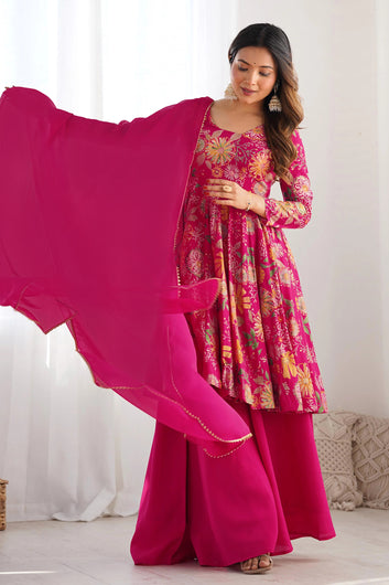 Womens Pink Chinon Silk Printed Kurta Set with Dupatta