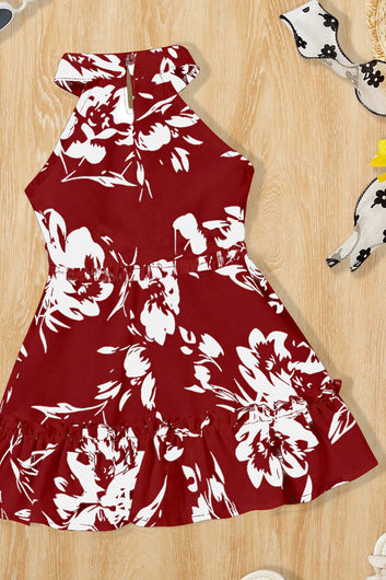 Girls Maroon Cottton Blend Floral Printed Fit And Flare Knee Length Dress