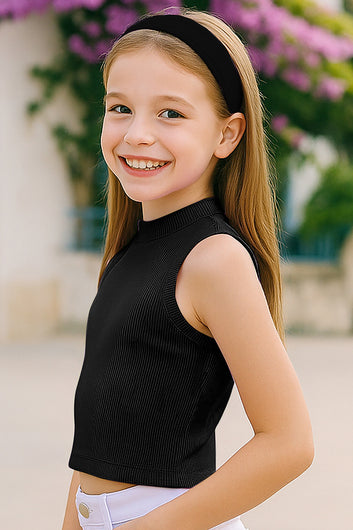 Girls Black Ribbed Solid Sleeveless Crew Neck Casual Top For Kids Summer Trend