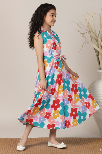 Girls's Multicolor Cotton Blend Florel Printed Frock