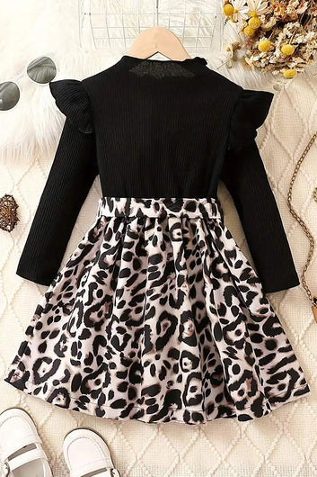 Baby Girl's Black Rib Lycra Animal Printed Fit & Flare Dress