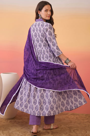 Women's Purple Cotton Blend Floral Printed Kurta And Pant With Dupatta Set For Festive Wear