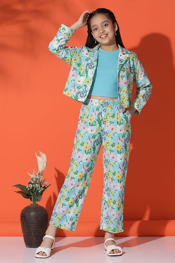 Girls Sky Blue Cotton Blend Flower Printed Co ords sets Whith Jecket