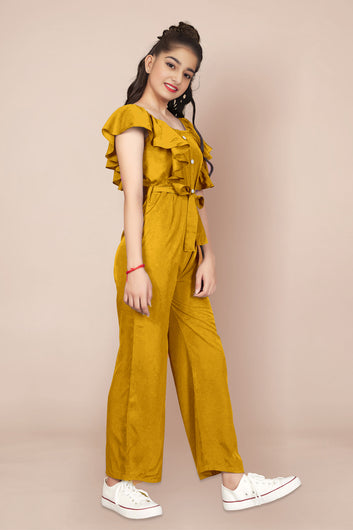 Girls Mustard Cotton Blend Ruffled Jumpsuit