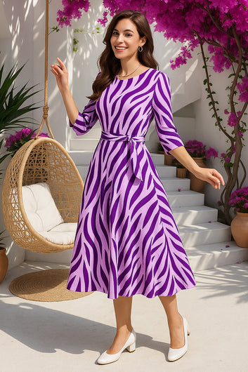 Womens Purple Cotton Blend Animal Printed Midi Length Casual Dress