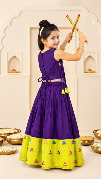 Girls Voilet Silk Blend Mirror work Embroidered Lehenga and Choli Festive Set For Girls