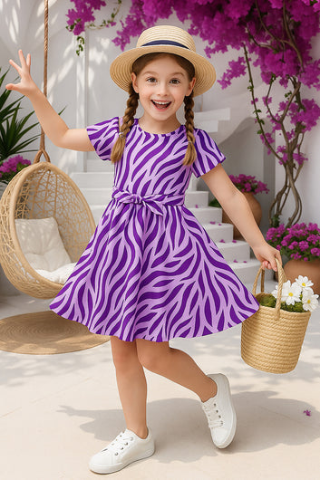 Girl's Purple Cotton Blend Fit & Flare Knee Legth Casual Dress