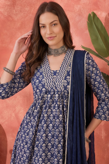 Women Blue Cotton Blend Floral Printed Kurta And Pant With Dupatta Set Festive Wear