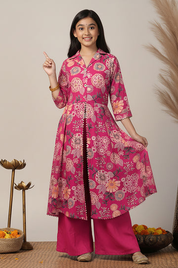 Girl's Rani Chanderi Silk Printed Front Slit Kurta and Palazzo Set