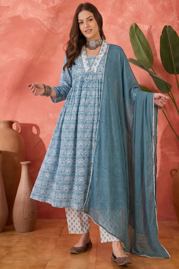 Women Sky Blue Cotton Blend Ethnic Block Print Kurta And Pant With Dupatta Set For Occasional Wear