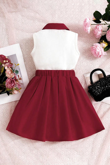 Girls White Rib Solid Top and Marron Solid Skirt Set Girls Clothing Sets