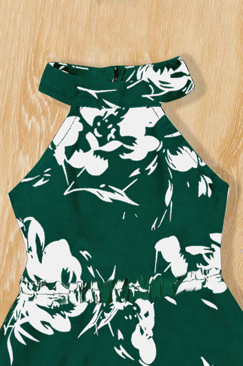 Girls Dark Green Cottton Blend Floral Printed Fit And Flare Knee Length Dress