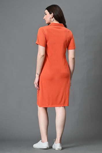 Women Rust Rib Solid Knee Legnth Dress