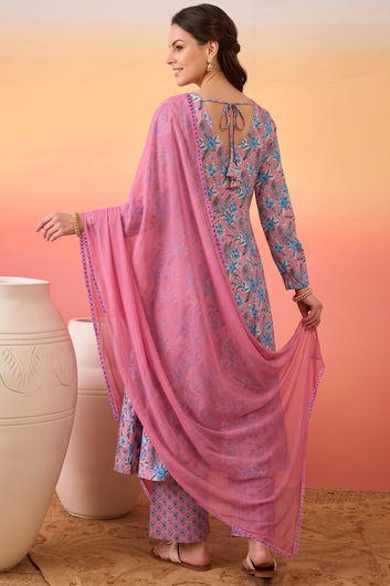Women's Pink Cotton Blend Floral Printed Kurta And Pant With Dupatta Set For Cultural Wear