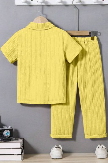 Boys Yellow Cotton Blend Solid T-Shirt And Shirt With Trouser Set