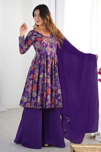 Womens Purple Chinon Silk Printed Kurta Set with Dupatta