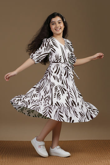 Girl's Coffee Rayon Printed Midi Dress