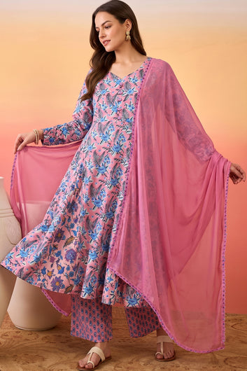 Women's Pink Cotton Blend Floral Printed Kurta And Pant With Dupatta Set For Cultural Wear