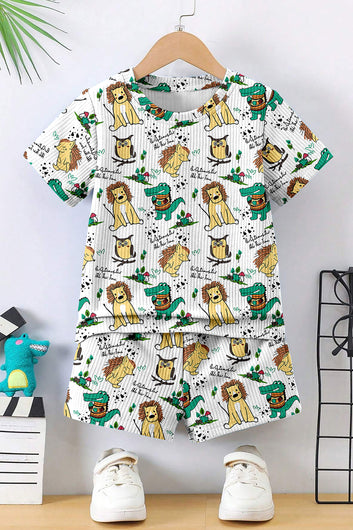 Boys White Lycra Blend Animal Printed T-shirt and Short Clothing Set