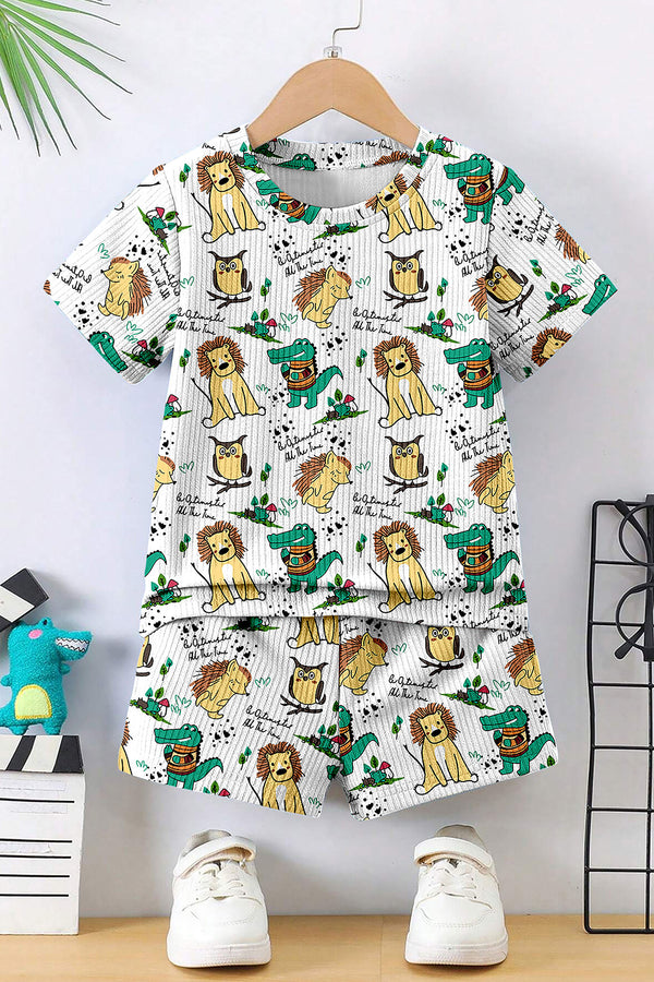 Boys White Lycra Blend Animal Printed T-shirt and Short Clothing Set