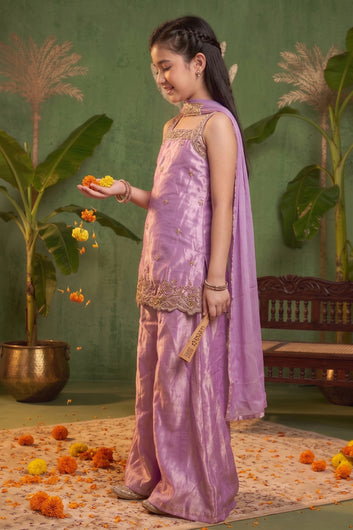 Girls Purple Silk Blend Embroidered Kurta and Palazzo with Dupatta For Ethnic Look