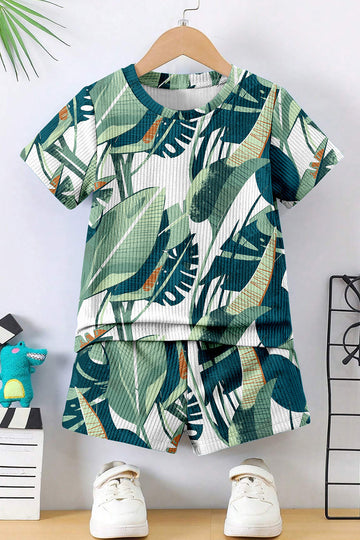 Boys Green Lycra Blend Tropical Printed Clothing Set