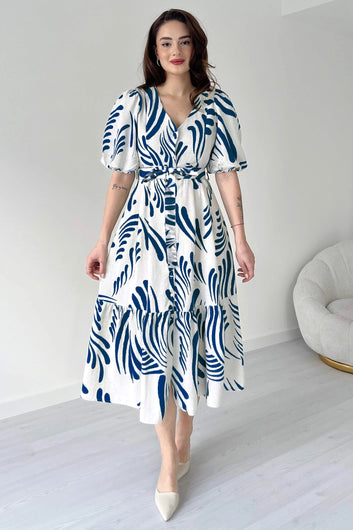 Womens Blue Viscose Rayon Printed Calf Length dress