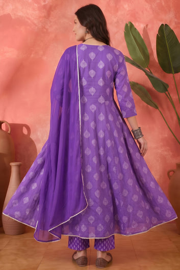 Women's Purple Cotton Blend Ethnic Motif Printed Kurta And Pant With Dupatta Set For Festive Wear