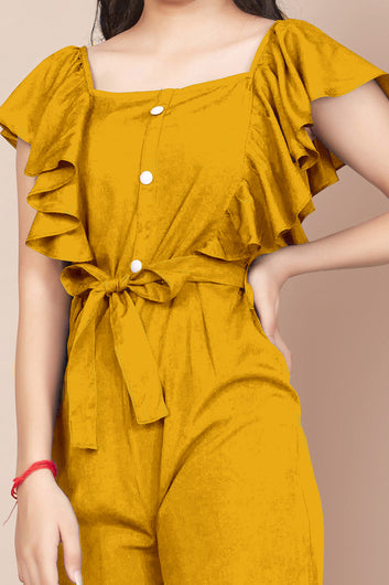 Girls Mustard Cotton Blend Ruffled Jumpsuit