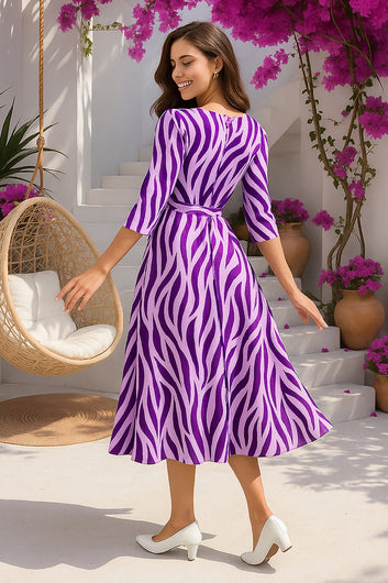 Womens Purple Cotton Blend Animal Printed Midi Length Casual Dress