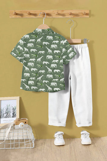 Boy's Pista Cotton Animal Printed Shirt and Pant Clothing Set