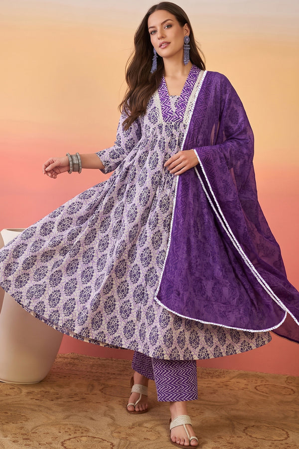 Women's Purple Cotton Blend Floral Printed Kurta And Pant With Dupatta Set For Festive Wear