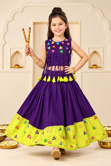 Girls Voilet Silk Blend Mirror work Embroidered Lehenga and Choli Festive Set For Girls