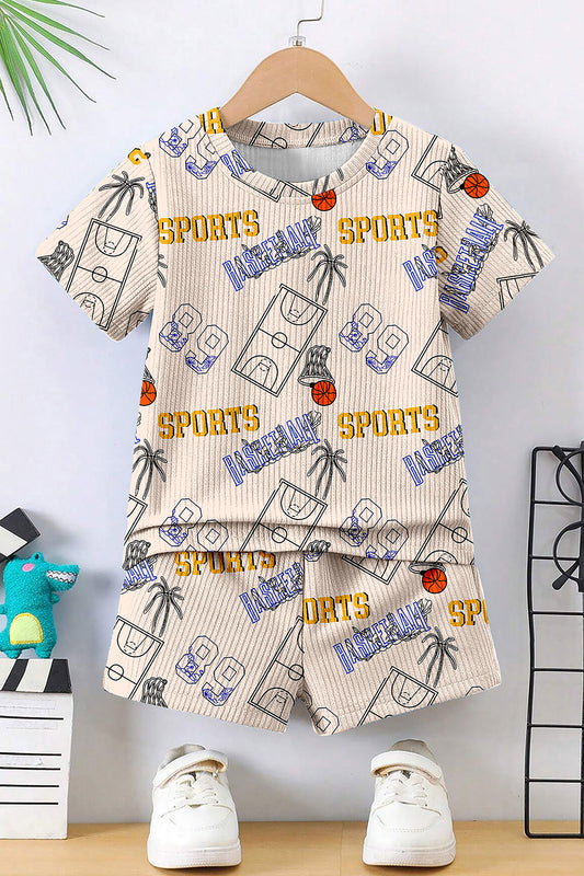 Boys Cream Lycra Blend Printed T-shirt and Short Clothing Set