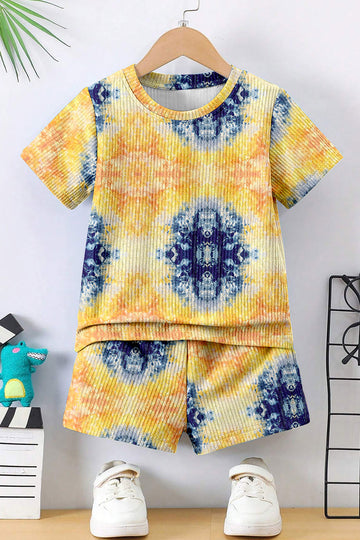 Boys Yellow Lycra Blend Printed T-shirt and Short Clothing Set