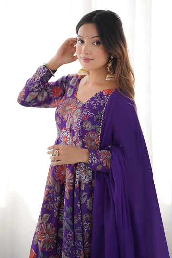 Womens Purple Chinon Silk Printed Kurta Set with Dupatta