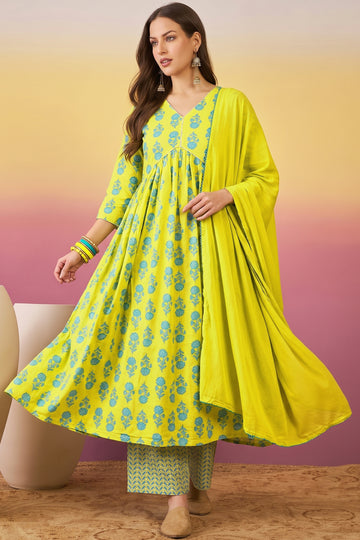 Women Yellow Cotton Blend Floral Print Kurta And Pant With Dupatta Set Ethnic Outfit