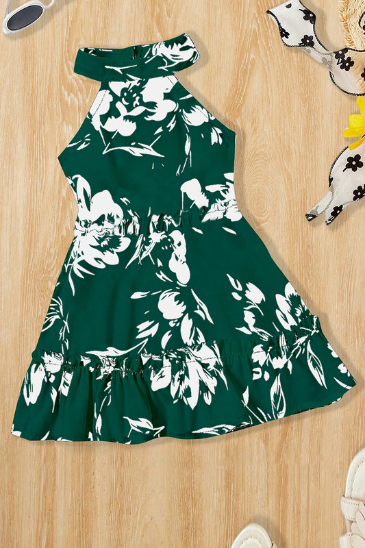 Girls Dark Green Cottton Blend Floral Printed Fit And Flare Knee Length Dress