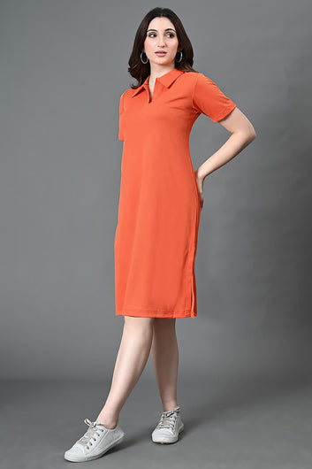 Women Rust Rib Solid Knee Legnth Dress