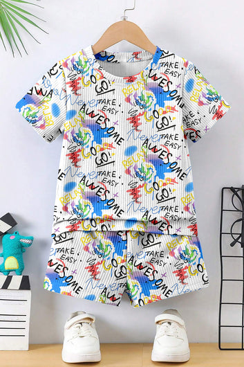 Boys White Rib Graphic Print T-Shirt and Shorts Set For Causal Wear