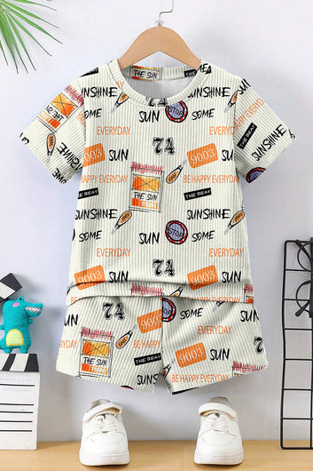 Boys Cream Lycra Blend Printed T-shirt and Short Clothing Set