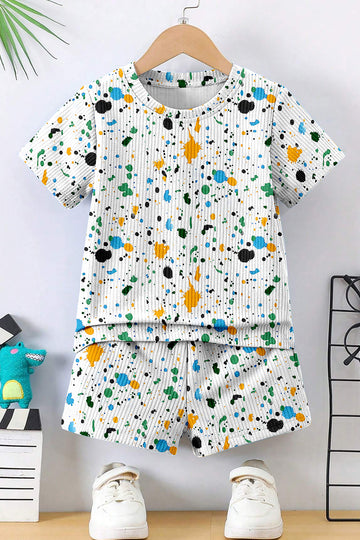 Boys White Lycra Blend Printed T-shirt and Short Clothing Set