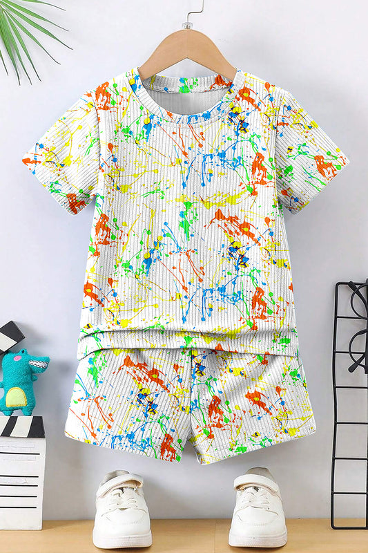 Boys White Lycra Blend Printed T-shirt and Short Clothing Set