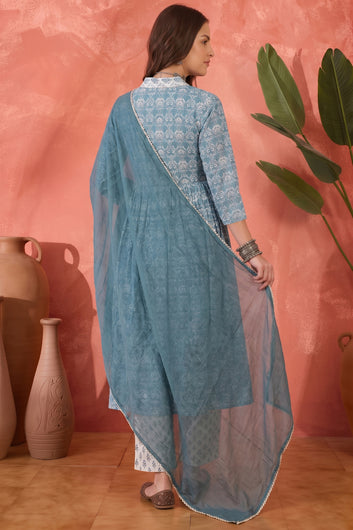 Women Sky Blue Cotton Blend Ethnic Block Print Kurta And Pant With Dupatta Set For Occasional Wear