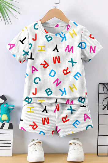 Boys White Lycra Blend Printed T-shirt and Short Clothing Set