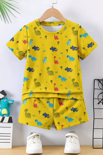 Boys Yellow Lycra Blend Animal Printed Clothing Set